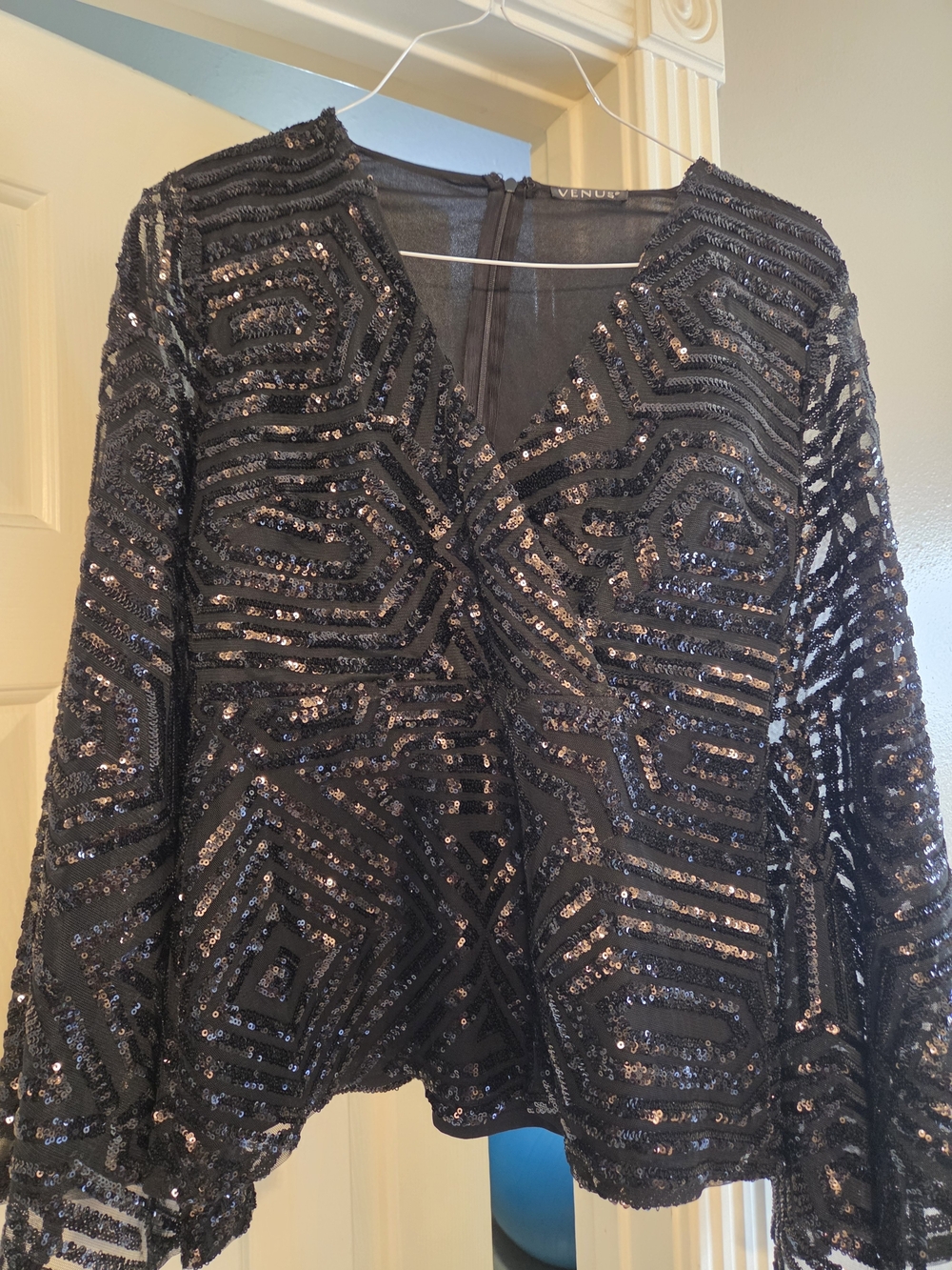 VENUS Black Sequin Geometric Wrap Top